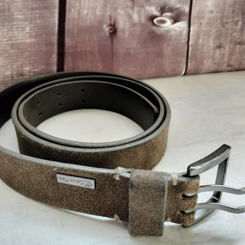 CK Calvin Klein Men's Brown Genuine Leather Belt Silver Buckle 40